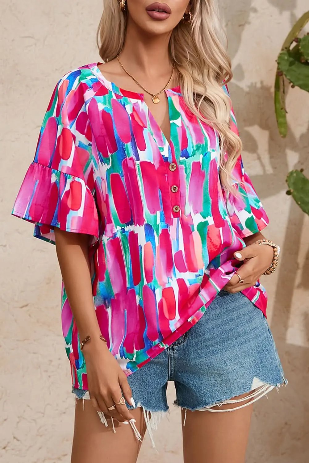 Rose Abstract Brushwork Print Buttoned V Neck Blouse - Love Salve